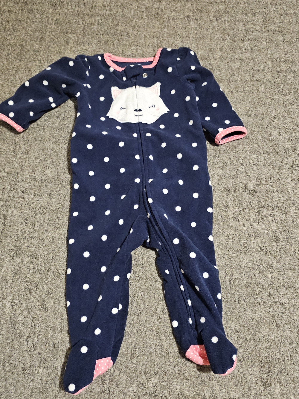 Carter's Navy Polka Dot Footed One-Piece with Fox Patch and Pink Trim